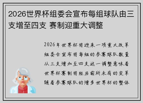 2026世界杯组委会宣布每组球队由三支增至四支 赛制迎重大调整