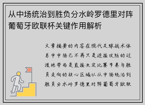 从中场统治到胜负分水岭罗德里对阵葡萄牙欧联杯关键作用解析