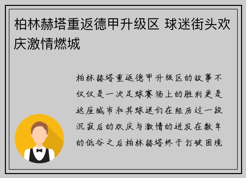 柏林赫塔重返德甲升级区 球迷街头欢庆激情燃城